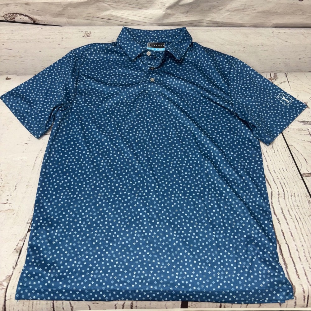PGA Tour Mens Blue Geometric Square Print Short Sleeve Golf Polo Shirt Size M
